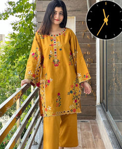 2 Pcs Women's Stitched Linen Embroidered Shirt And Trouser
