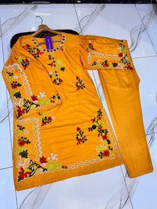 2 Pcs Women's Stitched Linen Embroidered Shirt And Trouser