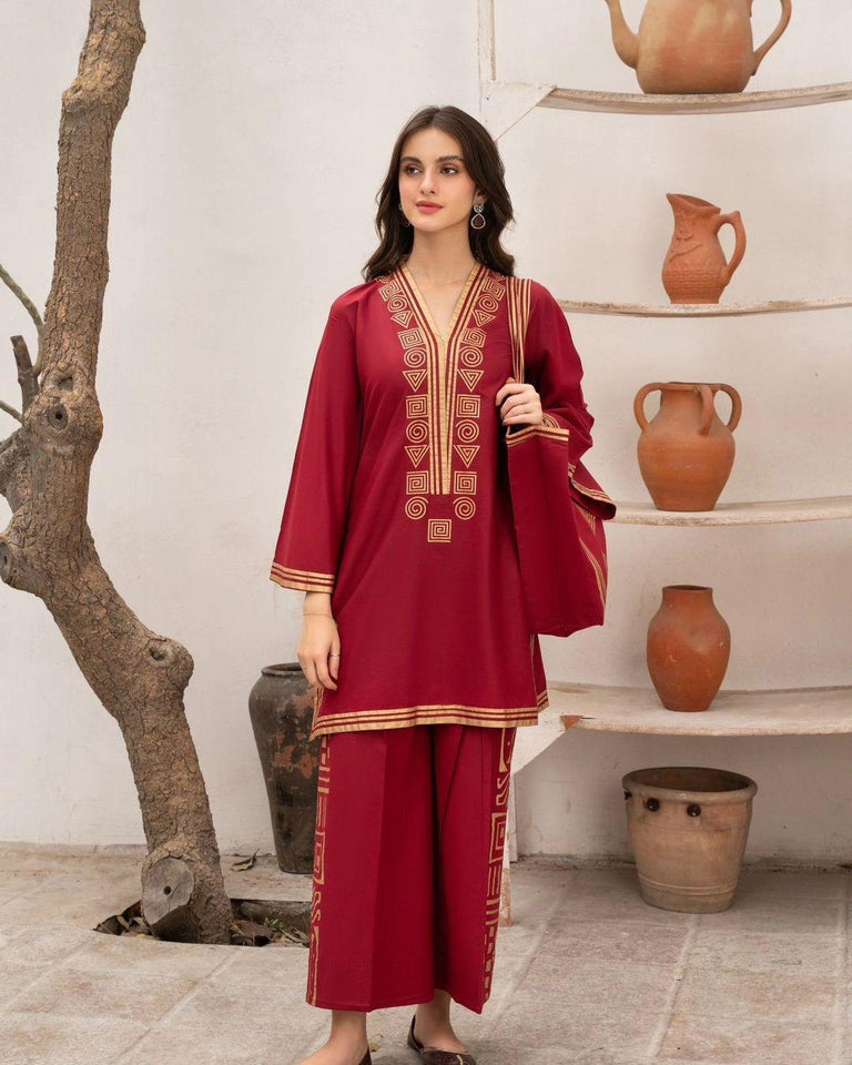 Stylish Embroidered Shirt And Trouser With Bag - 3 Pcs