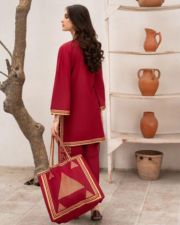 Stylish Embroidered Shirt And Trouser With Bag - 3 Pcs