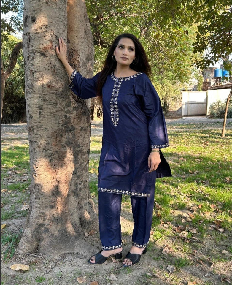 2 Pcs Women's Stitched Embroidered Shirt And Trouser