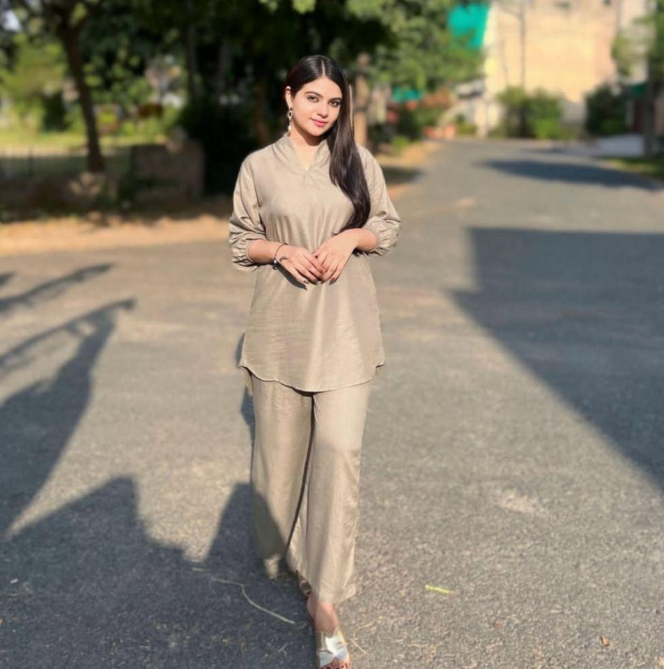 Stylish Women's Stitched Co-Ord Set - 2 Pcs in Elegant Beige with Plain Cotton Fabric