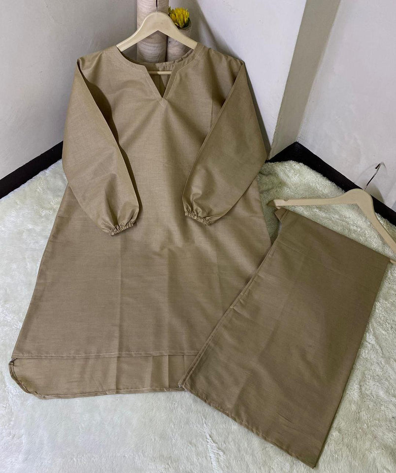 Stylish Women's Stitched Co-Ord Set - 2 Pcs in Elegant Beige with Plain Cotton Fabric