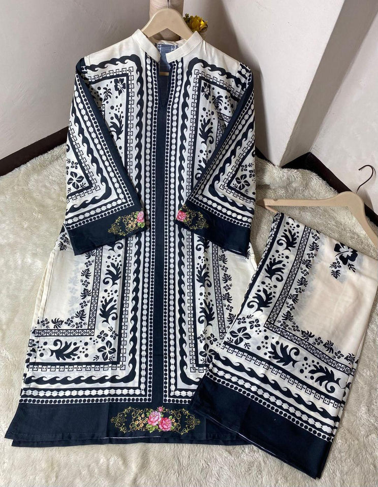 2 Pcs Women's Stitched Swiss Lawn Printed Shirt And Trouser