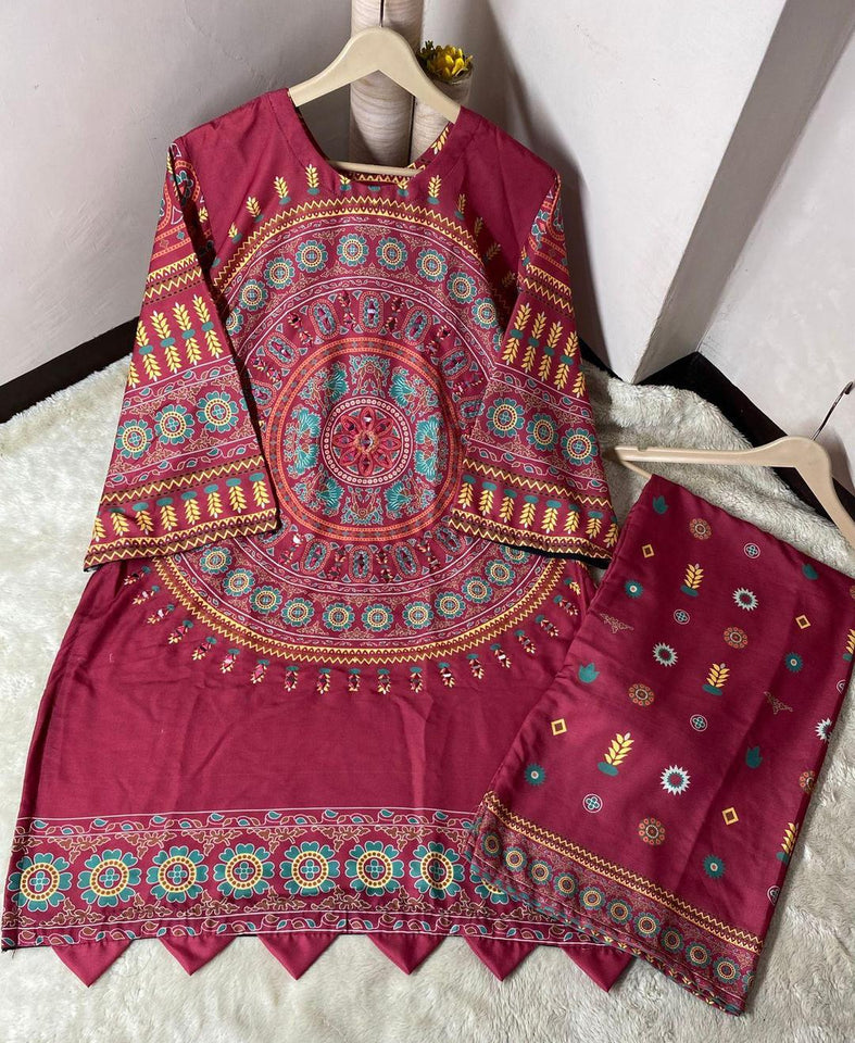 2 Pcs Women's Stitched Swiss Lawn Printed Shirt And Trouser