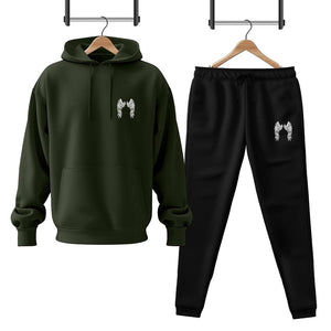 Men's Fleece Printed Hoodie Track Suit - 2 Pcs Set in Green