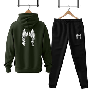 Men's Fleece Printed Hoodie Track Suit - 2 Pcs Set in Green