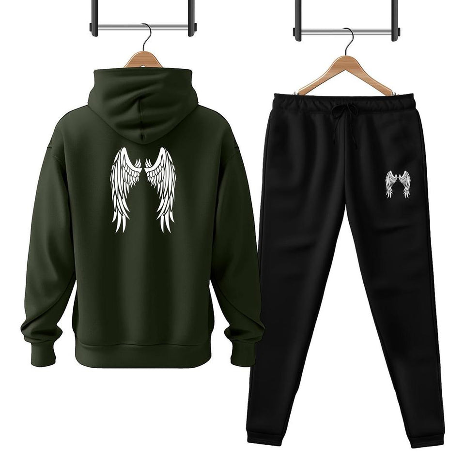 Men's Fleece Printed Hoodie Track Suit - 2 Pcs Set in Green