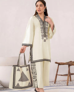 Elegant Women's Stitched Linen Shirt and Trouser Set with Embroidered Print